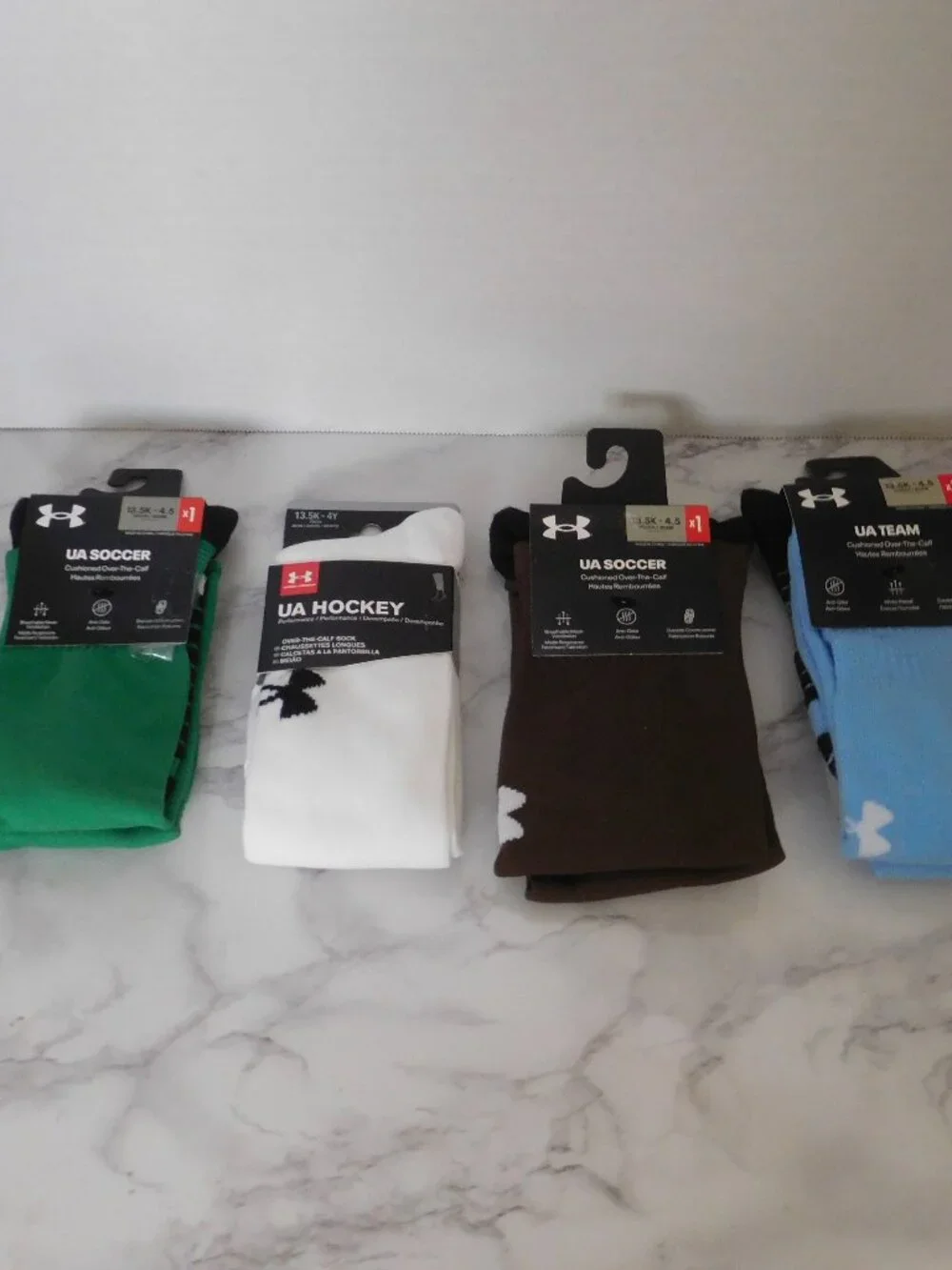 NEW 4 Pairs Under Armour Over the Calf Socks White Brown Green Blue 13.5-4.5